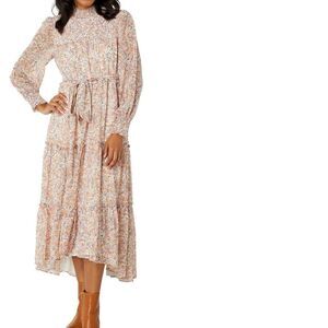 1.STATE Long Sleeve Smocked Neck‎ and Yoke Midi Dress Sweet Blooms XS floral pb1